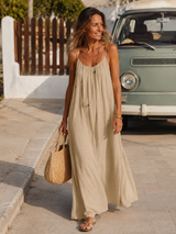 Backless maxi dress in lightweight cotton gauze in Taupe Sand, Soleina