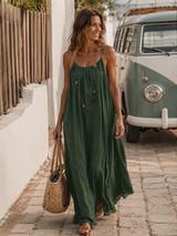 Backless maxi dress in lightweight cotton gauze in Forest Green, Soleina