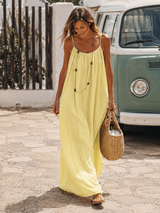 Backless maxi dress in lightweight cotton gauze in Buttercup Yellow, Soleina